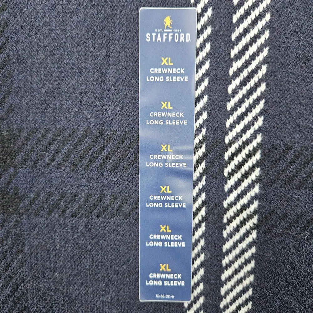 NEW Stafford Sweater Mens XL Navy Windowpane Plaid Long Sleeve Cotton/Wool Blend